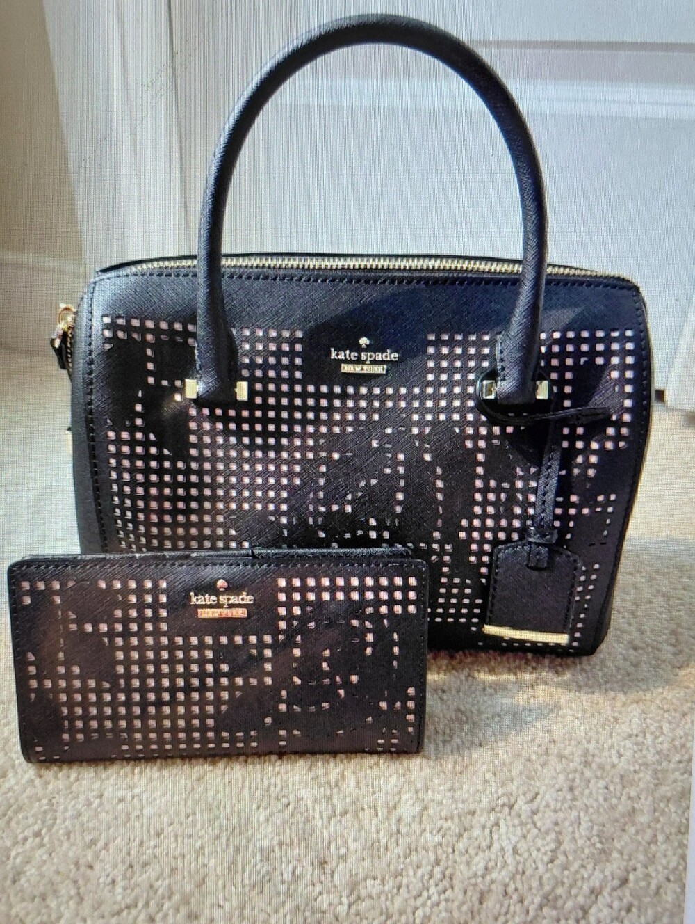 kate spade Black Perforated Floral Satchel with Matching Wallet